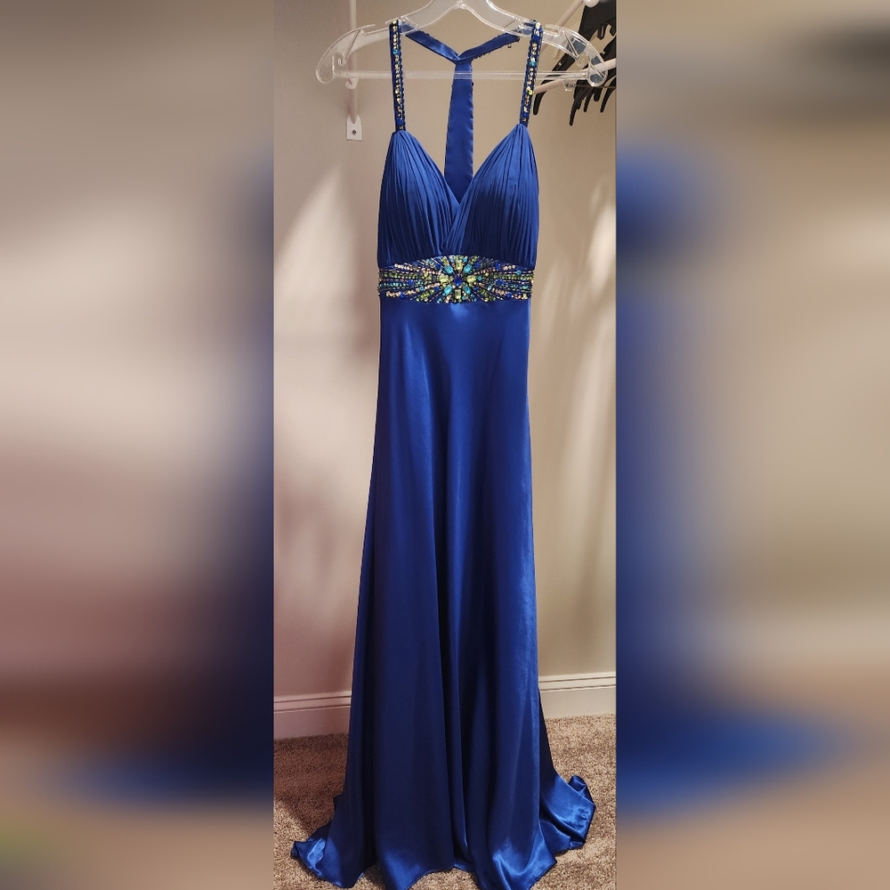 Bari Jay Blue Halter Sleeveless Prom Gown